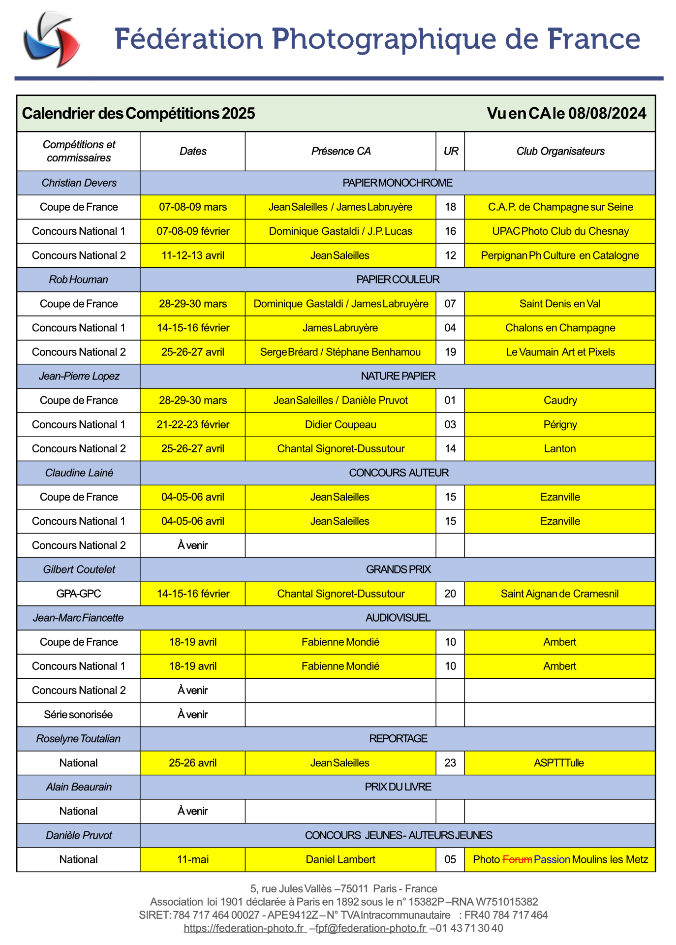 calendrier compétions FPF 2025